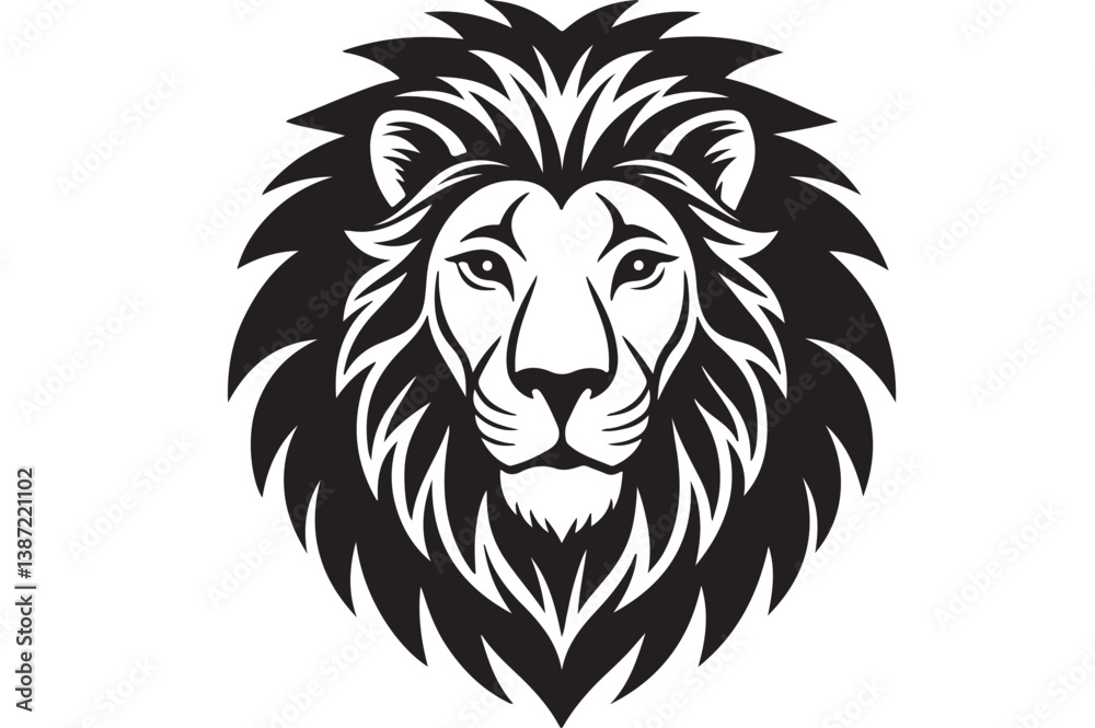 Vector illustration of a lion head mascot, featuring a wild, tribal design in black and white, symbolizing power and nature, with a silhouette style suitable for tattoos or as a mascot Vector illustration of a lion head mascot, featuring a wild, tribal design in black and white, symbolizing power and nature, with a silhouette style suitable for tattoos or as a mascot