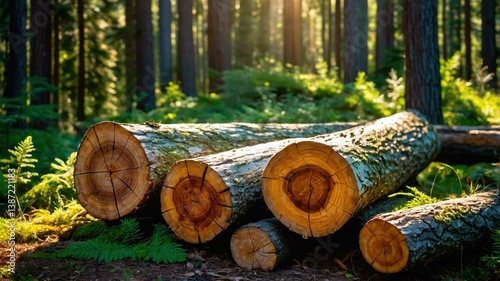Sunlight streaming through trees illuminates freshly cut logs in a serene forest during early morning in summer