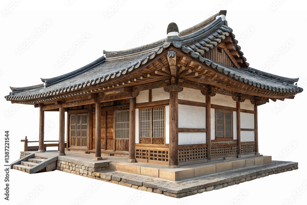 Traditional Korean Hanok Architectural Design with Detailed Woodwork and Curved Roof on Transparent Background Traditional Korean Hanok Architectural Design with Detailed Woodwork and Curved Roof on Transparent Background