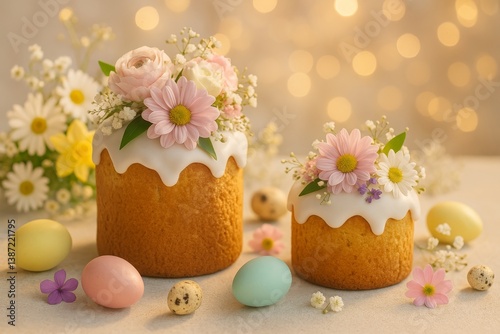 Floral Decorated Pastries on a Table With Spring Eggs and Flowers in a Festiv...