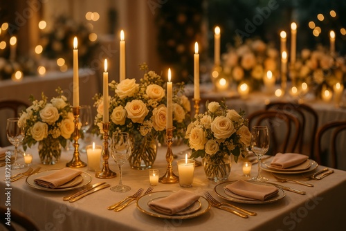 Elegant Dinner Setting With Candles and Flowers in a Softly Lit Venue During ...