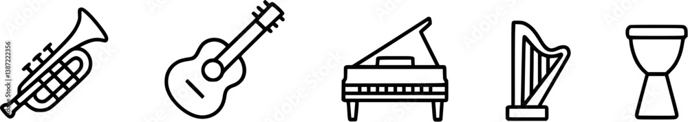 selection of instruments, trumpet, guitar, piano, harp, djambe selection of instruments, trumpet, guitar, piano, harp, djambe