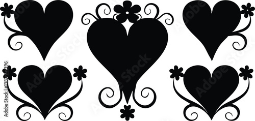 Ornate Red Heart Designs Set with Floral and Swirling Patterns for Romantic Art
