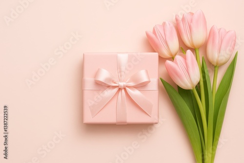 Delicate Gift Box With Pink Ribbon Beside Fresh Tulips on Pastel Background