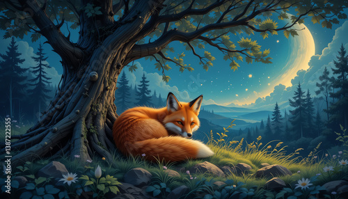 A serene fox resting under a tree at night, surrounded by lush nature and a calming starry sky. This enchanting scene captures the essence of tranquility.