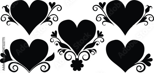 Ornate Red Heart Designs Set with Floral and Swirling Patterns for Romantic Art