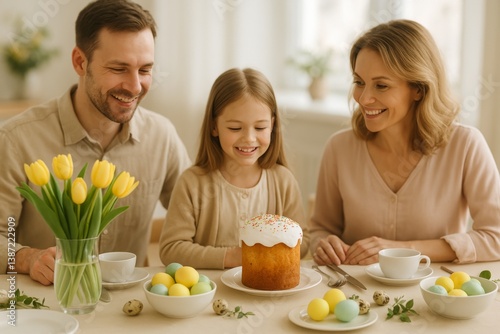 Family Celebration With Festive Cake and Colorful Eggs at Home During Springt...
