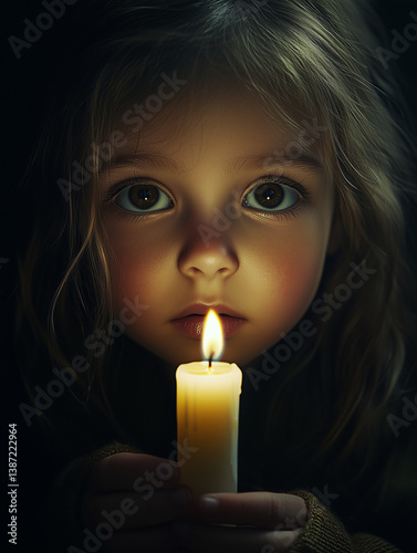 Little girl holding candle in dark with calm expression