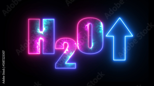 Glowing neon text h2o with increase arrow icon. Concept ecology.