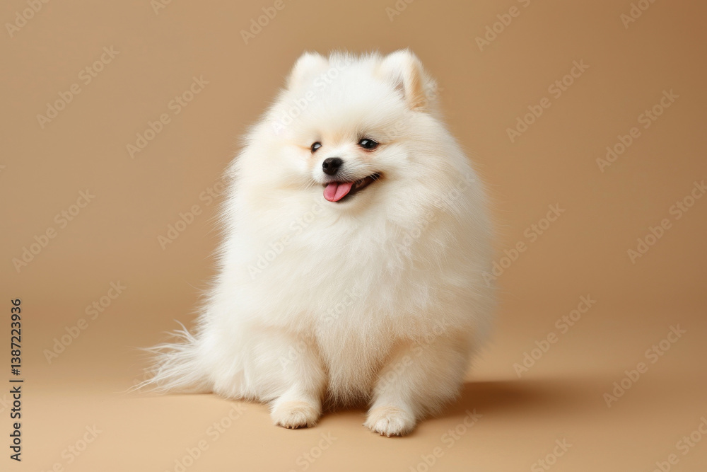 Obraz premium Fluffy white Pomeranian dog sitting on beige background, looking happy and adorable
