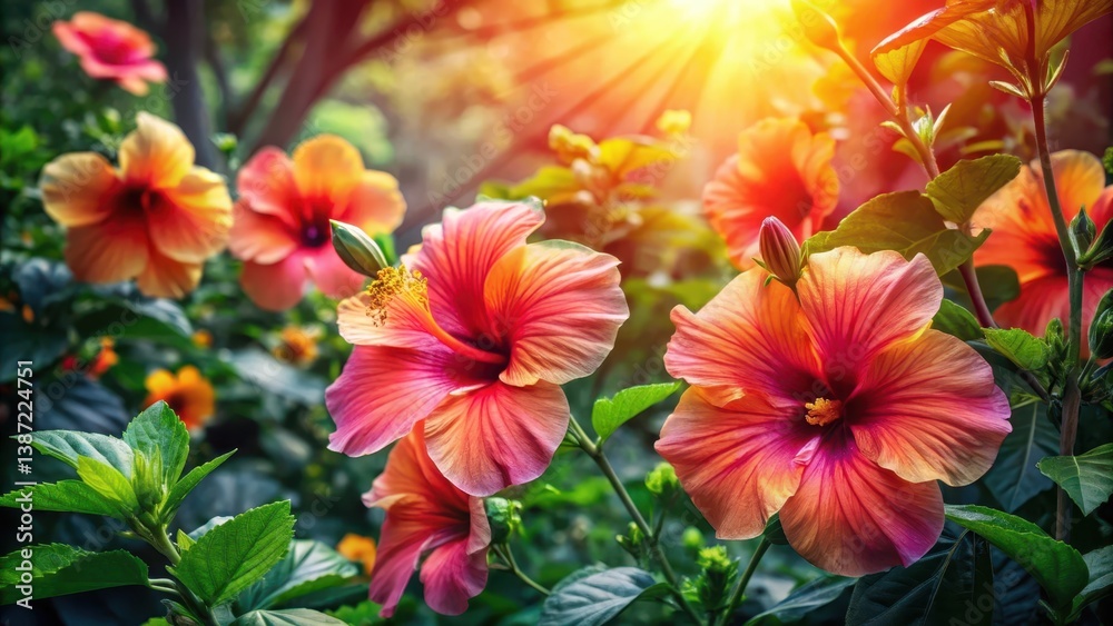 Fototapeta premium Vibrant hibiscus blossoms bathed in warm sunlight, showcasing their delicate petals and rich colors in a lush garden setting.
