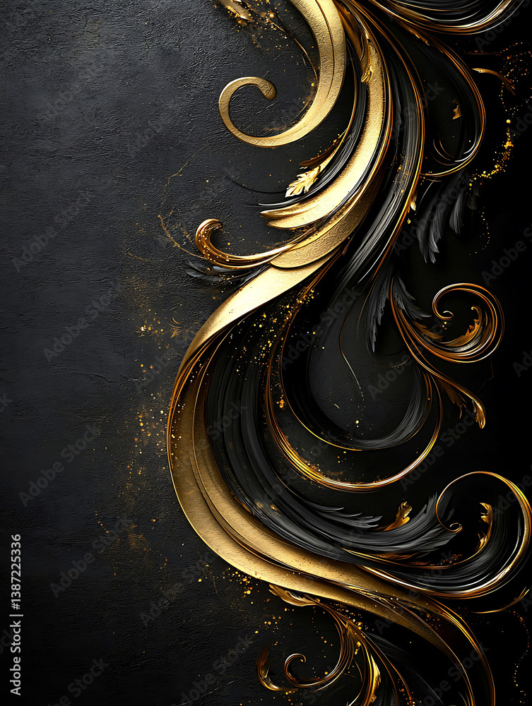 Elegant gold and black flourishes cascade against a textured dark background creating a striking and luxurious visual harmony.