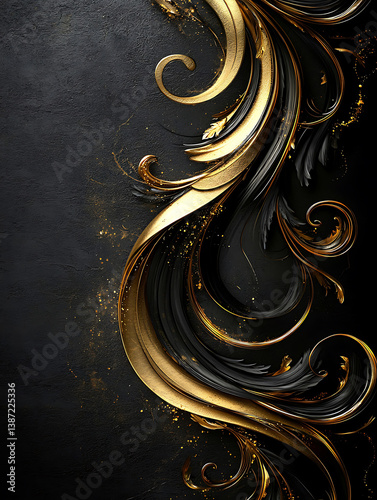 Obraz na płótnie Elegant gold and black flourishes cascade against a textured dark background creating a striking and luxurious visual harmony. w salonie