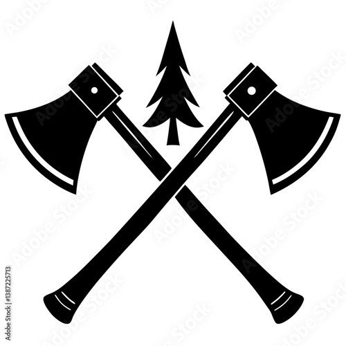 Silhouette of crossed axes with a pine tree in the center.