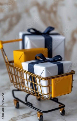 Gold shopping cart filled with gifts, yellow and white, minimalist style, festive shopping concept, 