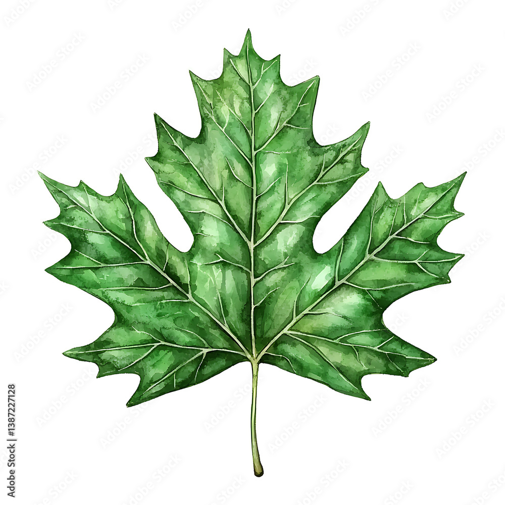 Fototapeta premium A vibrantly green watercolor-style leaf with distinct lobes and prominent veins isolated against a white background.