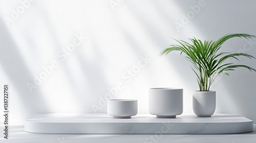 Wallpaper Mural Three white cylindrical planters sit on a marble surface. A small plant is in the largest planter. The scene is brightly lit, creating soft shadows. The style is minimalist and clean. Muted white to Torontodigital.ca