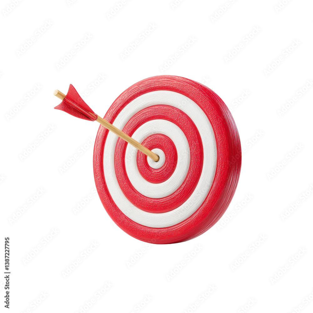 Arrow hitting the center of a red and white target. Concept of success, goal achievement, and accuracy. Arrow hitting the center of a red and white target. Concept of success, goal achievement, and accuracy.