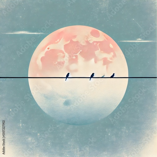 A dreamy, surreal illustration of the moon split by a single line, where birds perch quietly in silhouette