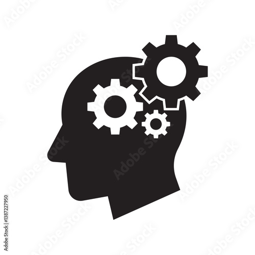 Human head gears tech logo, Cogwheel engineering technological inside brain, Artificial intelligence, Simple flat design icon symbol, Vector illustration