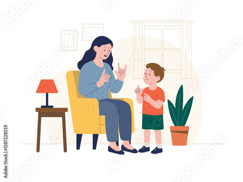 Mère qui communique avec son enfant sourd en langue des signes à la maison
