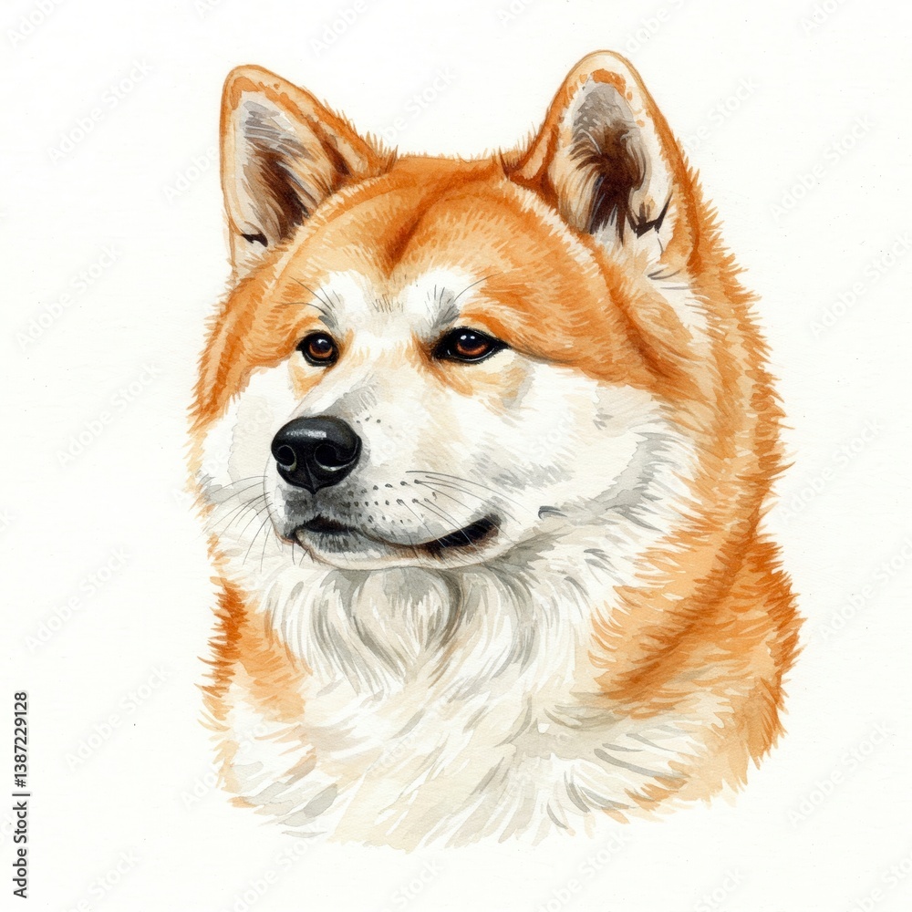 Alert digital illustration of a Shiba Inu dog with orange and white fur, looking to the side. Loyal dog portrait.
Alert digital illustration of a Shiba Inu dog with orange and white fur, looking to the side. Loyal dog portrait.