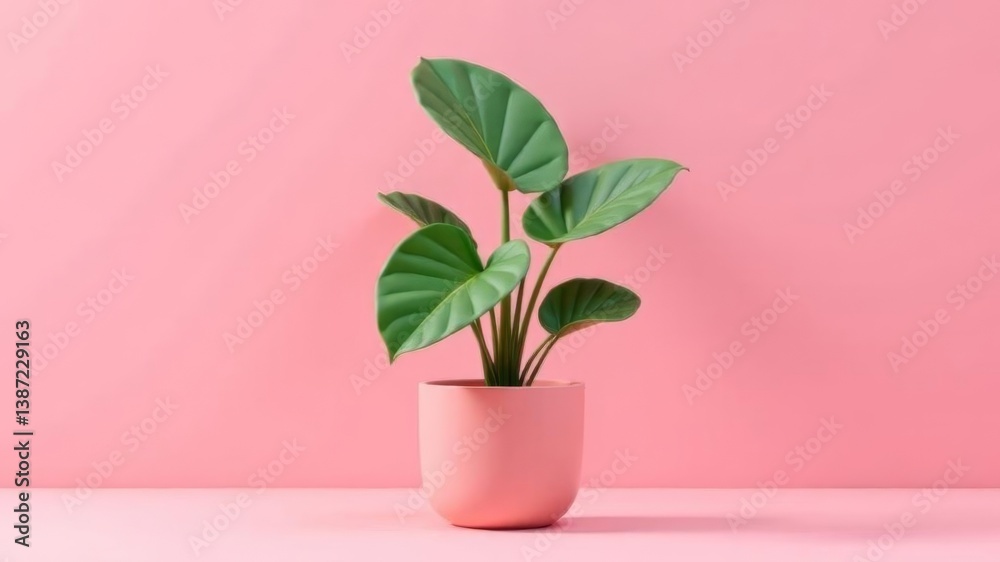 Fototapeta premium Green potted plant with wide leaves on pink background in minimal style.