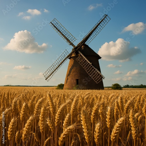 Windmill Standing Tall in Golden Wheat Fields Under Blue Skies