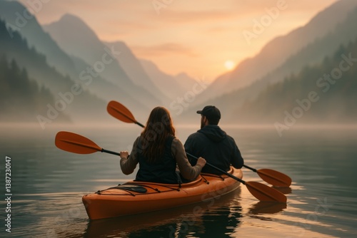 Sunset Kayaking on a Serene Lake Surrounded by Mountains in the Evening