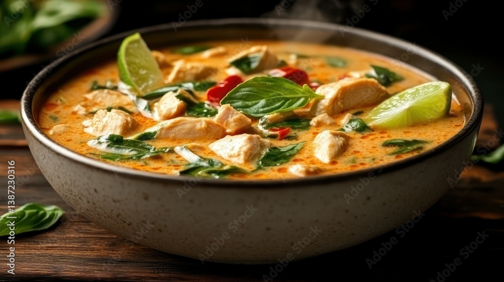Aromatic Thai Red Curry Soup. A bowl of fragrant, spicy Thai red curry soup, featuring tender chicken, spinach, and red chilies. Aromatic Thai Red Curry Soup. A bowl of fragrant, spicy Thai red curry soup, featuring tender chicken, spinach, and red chilies.