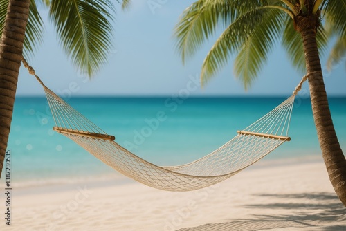 Relaxing Hammock Between Palm Trees Near Calm Turquoise Sea During Sunny Day