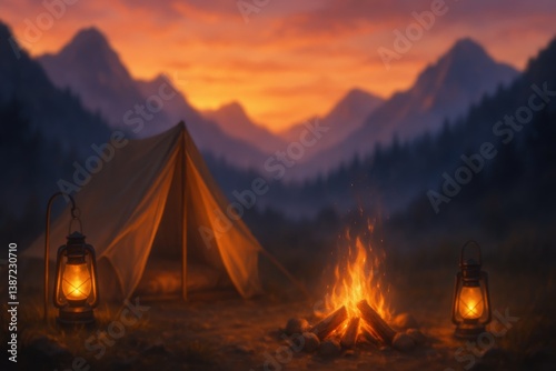 Camping Under the Stars With a Cozy Fire and Glowing Lanterns in the Mountain...