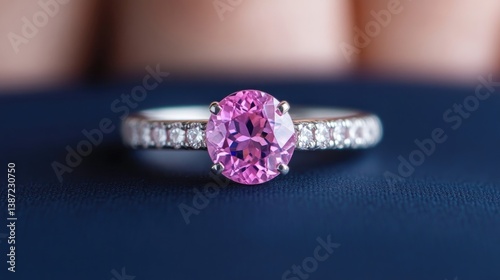 A pink gemstone ring, featuring a large oval-cut center stone and a band of smaller diamonds, rests on a dark blue surface. The setting appears to be white metal. The image is sharply focused on the