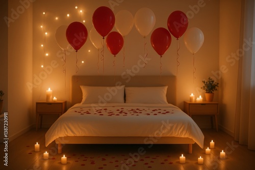 Romantic Bedroom Decorated With Red Balloons and Candles for a Special Occasion