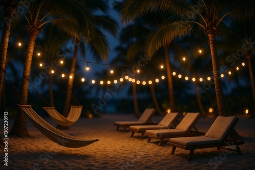 Relaxing Evening on a Tropical Beach With Lounge Chairs and String Lights Und...