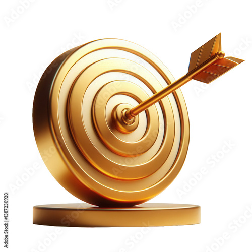 A golden arrow hits the bullseye of a golden target. treansparent background
