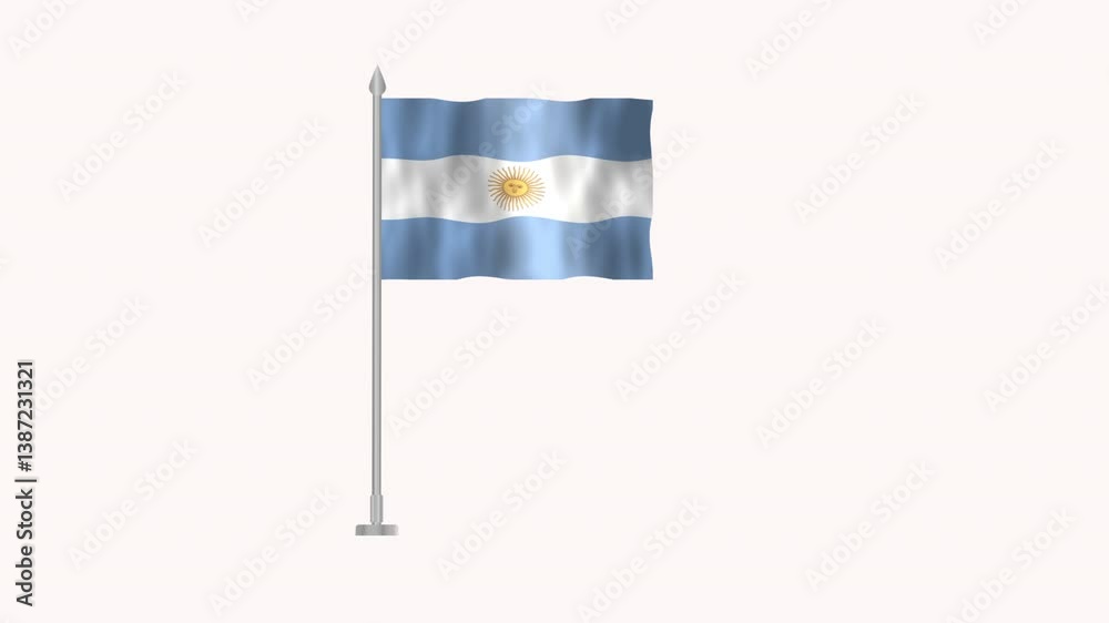 Flag of Argentina, Pole flag of Argentina on white screen, Argentina 3D Animation flag waving in the wind isolated on white Background.