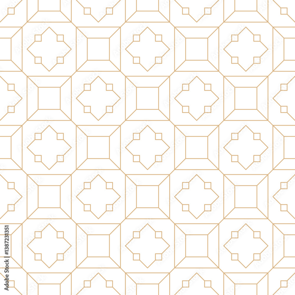 Gold line seamless mosaic tile pattern on white background. Luxury geometric diamond square grid art deco design. Gold line seamless mosaic tile pattern on white background. Luxury geometric diamond square grid art deco design.