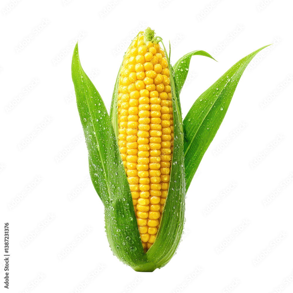 Fresh corn on the cob with green leaves and water droplets. Healthy eating and agriculture concept. Fresh corn on the cob with green leaves and water droplets. Healthy eating and agriculture concept.