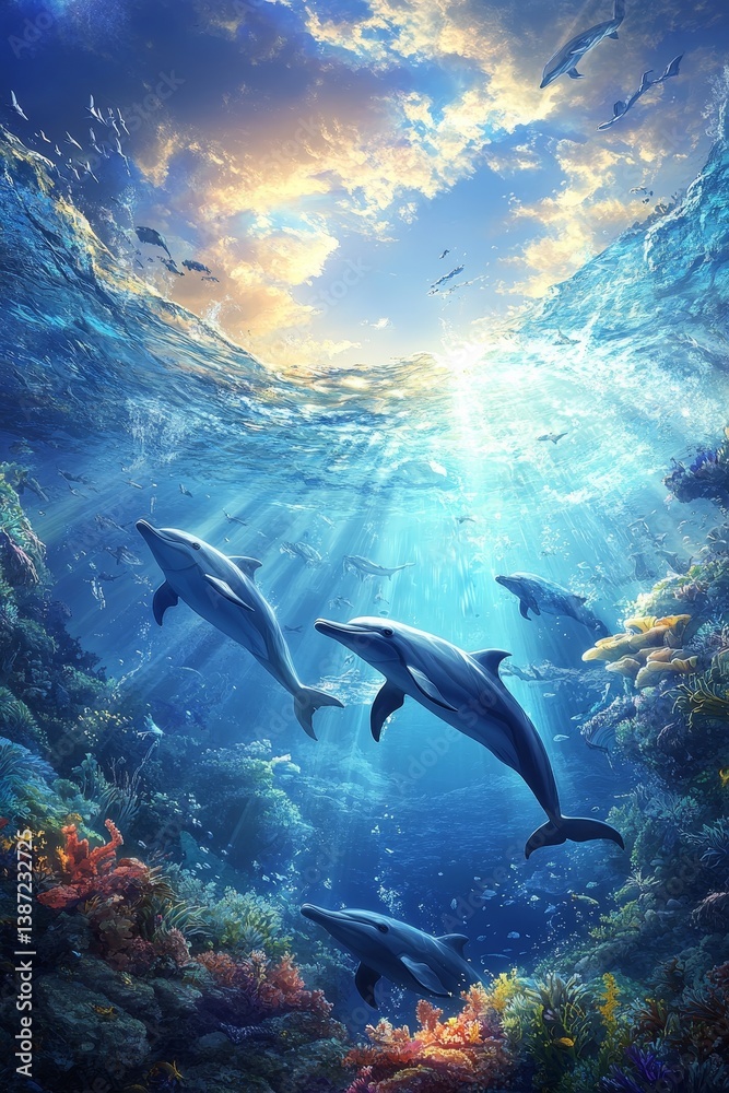 Obraz premium Dolphins swim in a bright blue ocean with sunlight shining