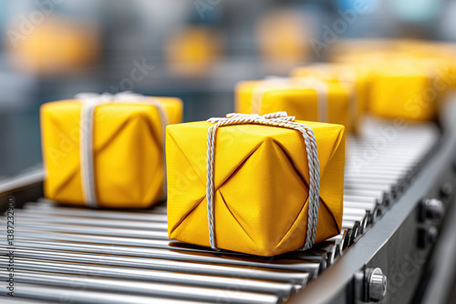 Bright yellow packages move along conveyor belt in modern supply chain facility, showcasing efficient logistics and import processes