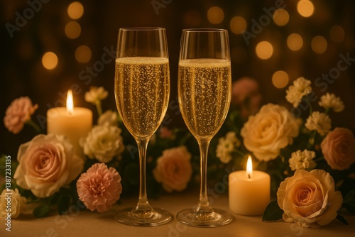 Romantic Evening With Champagne Glasses, Candles, and Flowers Creating a Cozy...
