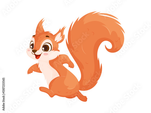 Adorable baby squirrel cartoon sitting on red mushroom in whimsical forest