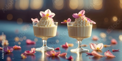 Two glasses of creamy dessert garnished with flower petals are shown