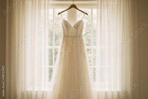 Elegant Wedding Dress Hanging Near a Bright Window With Soft Curtains in a Se...