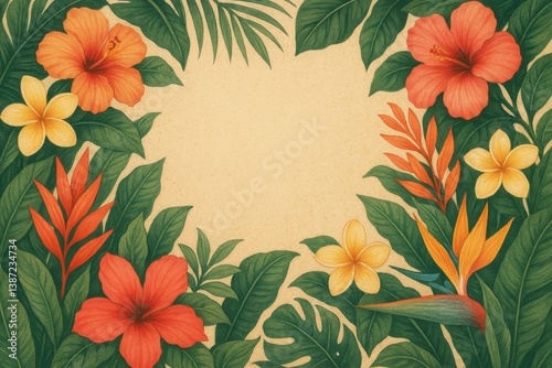 Tropical Flower Arrangement With Hibiscus and Plumeria on Textured Background