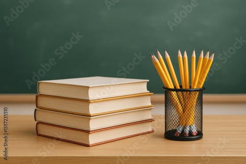 Stack of Books and Pencils on a Desk in a Classroom Setting