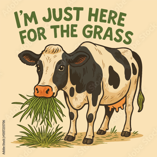 Cow Eating Fresh Green Grass Funny Farm Animal Cartoon Design