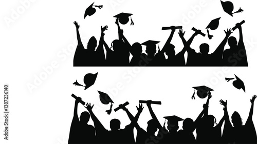Graduation Silhouette SVG – Students Throwing Caps Vector Clipart, Graduation Party Decor, Class of 2024 Cut Files for Cricut, Laser Cutting, DIY Banner, PNG DXF EPS PDF