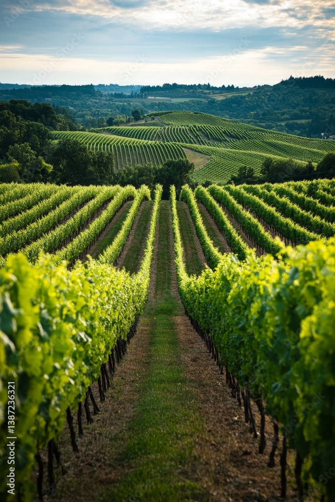 Fototapeta premium Vineyard rows stretch into the distance under a cloudy sky.